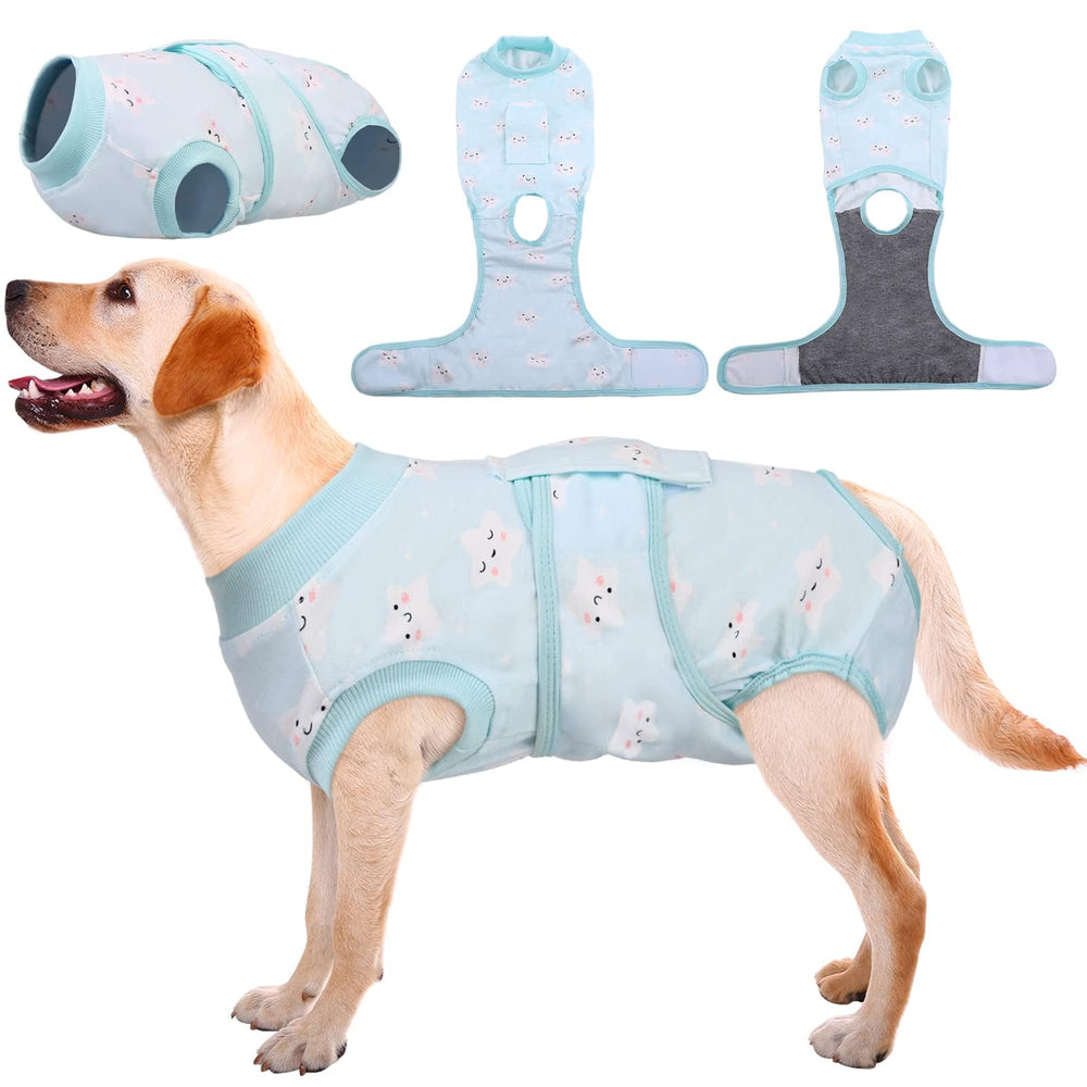 Kuoser Recovery Suit on a dog model for post-surgery protection and comfort.