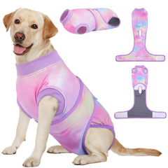 Kuoser Recovery Suit for dogs shows six adjustable sizes for a secure post-surgery fit.