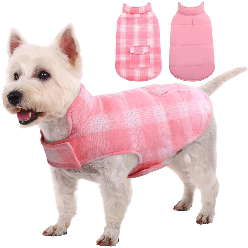 Kuoser Reversible Winter Coat plaid side view for stylish, warm dog walks.