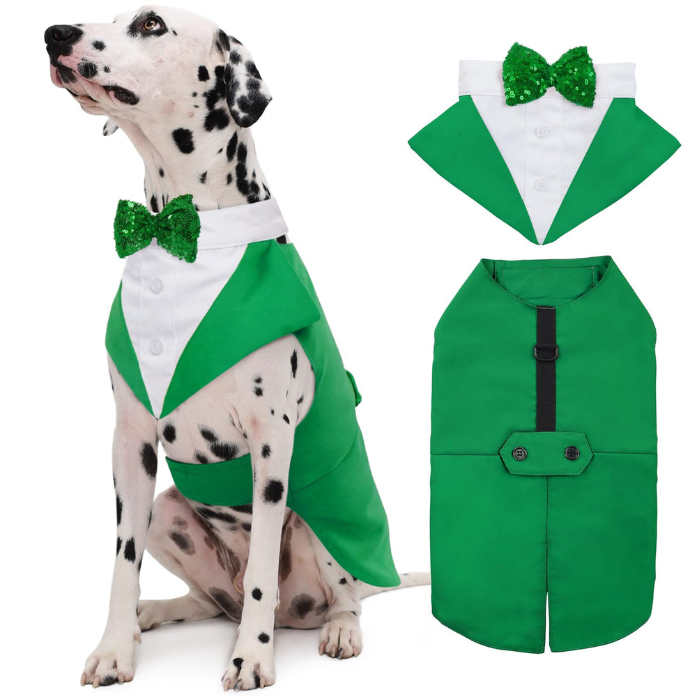 Kuoser St. Patrick's Day tuxedo set on dog for festive wedding look.