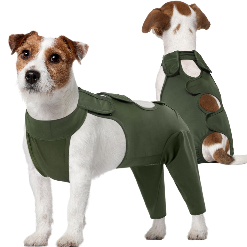 Kuoser thigh-wound sleeve green back view protects rear legs during recovery.