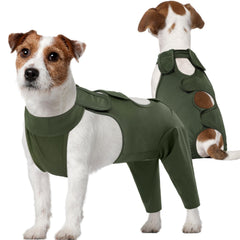 Kuoser thigh-wound sleeve green back view protects rear legs during recovery.
