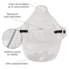 Kurgo Halifax Rain Shell shows leash opening for harness-ready layering in weather
