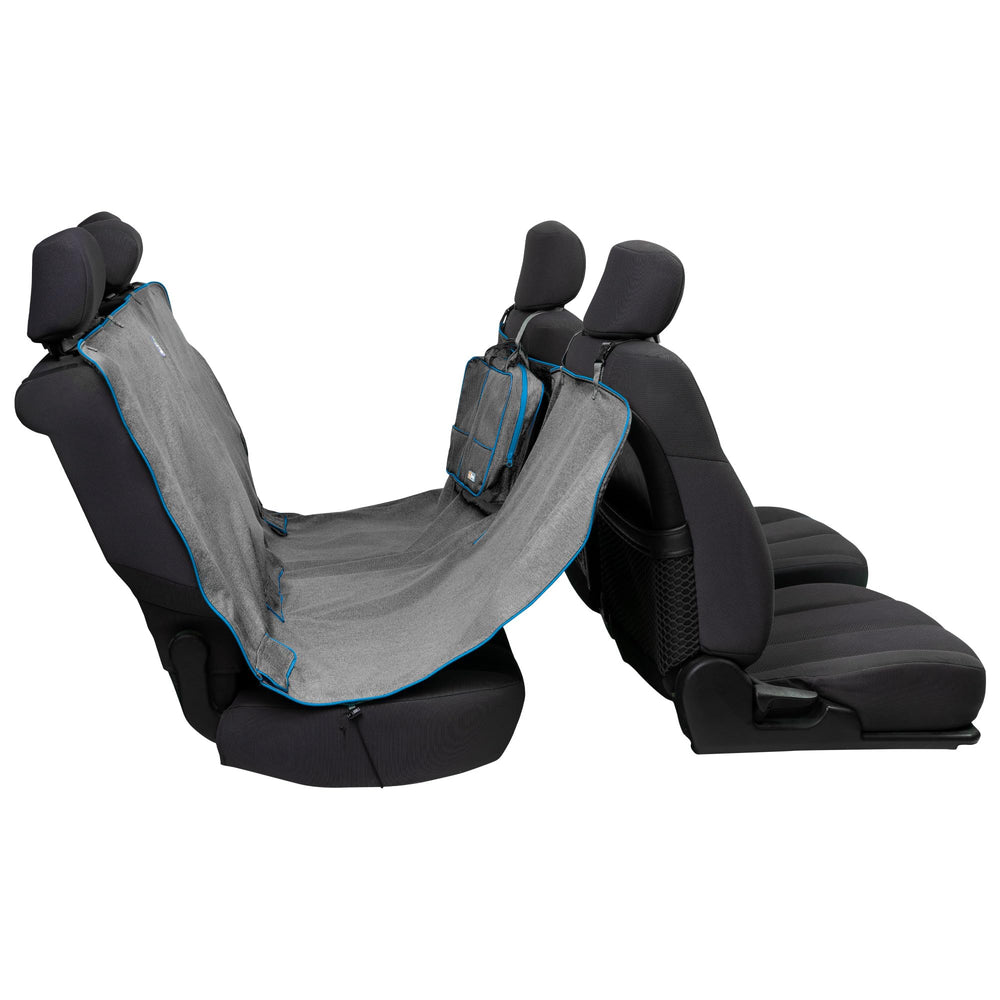 Kurgo Heather Hammock installed on backseat keeps dogs secure during car trips.