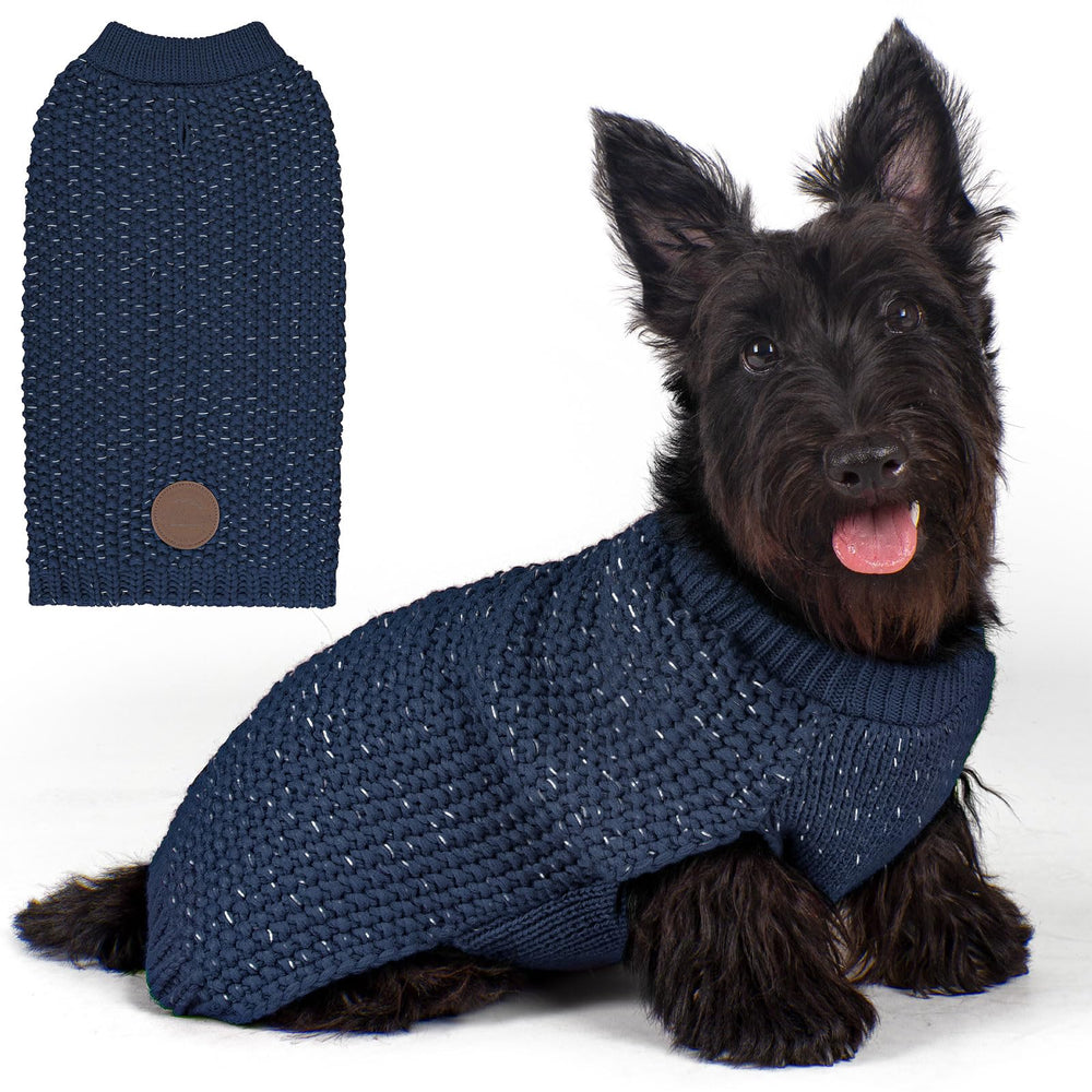 KYEESE dog sweater navy blue front view shows warm knit.