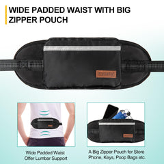 Kytely hands-free dog leash zipper pouch closeup highlights convenient storage for phone and keys.