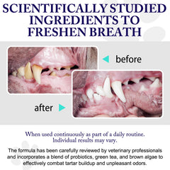 KZUO dog dental powder pour demonstrates convenient dosing for daily tartar control