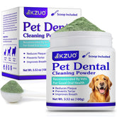 KZUO dog dental powder tub closeup shows easy oral care and fresher breath