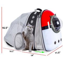 LAIRIES cat backpack showing expanded front bubble for privacy during travel.
