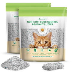 LALAHOME Bentonite Litter packaging shows 20 lb bag with dust-free, odor-control formula.