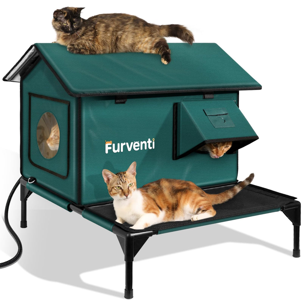 Lamlingo heated cat house outdoors with inside camera bracket enabling daily activity monitoring