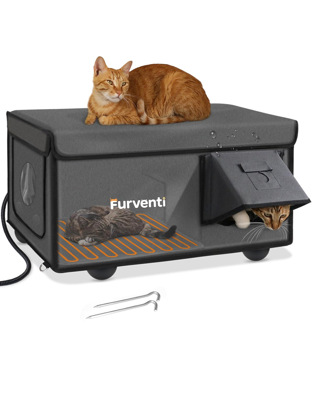 Lamlingo outdoor heated cat house in winter setup for warmth and protection.