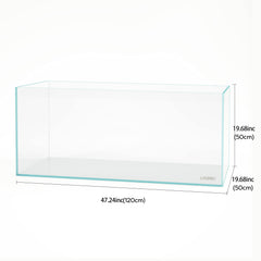 LANDEN 120P rimless tank side view highlighting slim profile for compact setups.