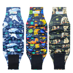 Langsprit belly band with sloth pattern close-up showing leak protection for active dogs