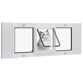 Lanmun cat door window insert showing 23-28 inch fit for sliding windows, minimizing drafts.