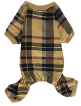 Pijama Lanyarco para perro con cuadros beige y rojo, ideal para fiestas navideñas.