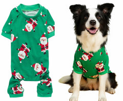 Lanyarco Santa Claus dog pajamas front view showing festive green design and comfort