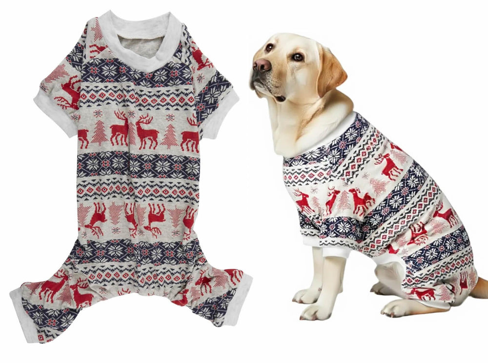 Lanyarco Xmas grey red dog pajamas front view, festive print ideal for holiday photos