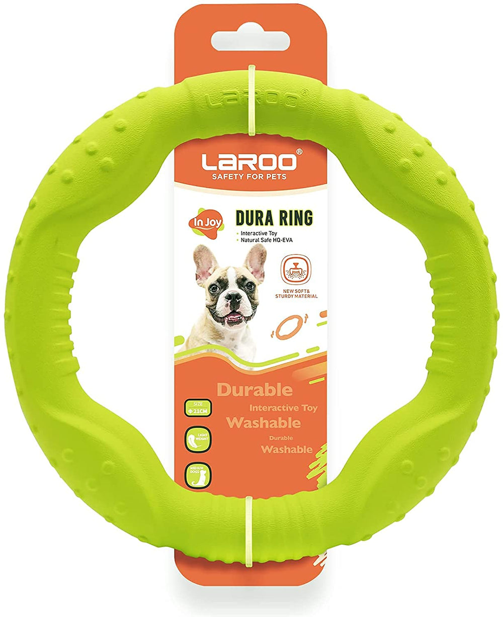 LaRoo Aggressive Chewer floating disc ready for fetch in water-friendly play.