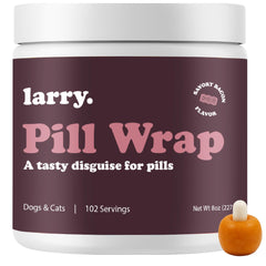 Larry Bacon Pill Wrap jar closeup shows moldable texture for any size pill, sealing in taste.