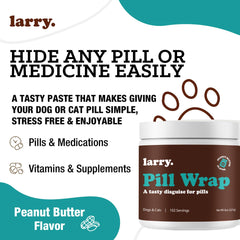 Larry Peanut Butter Pill Wrap dog taking treat scene highlights tasty flavor encouraging medication time.