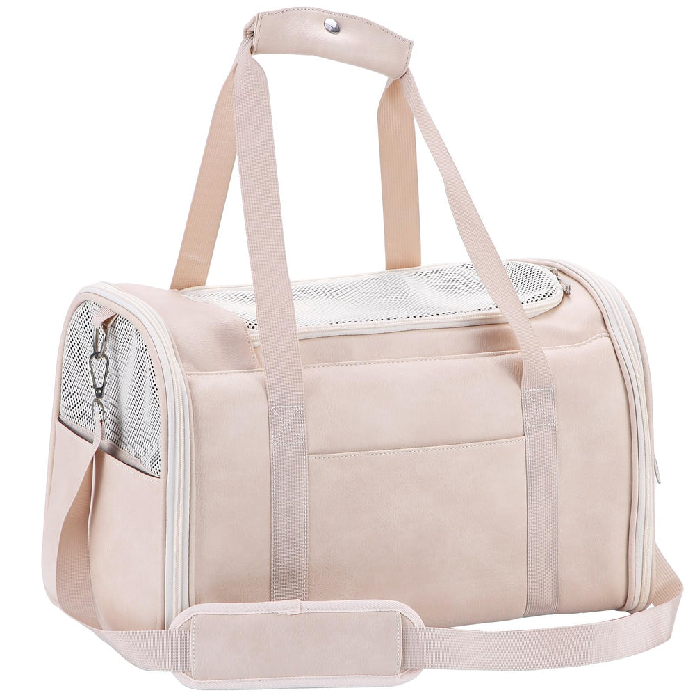 Lasaviin fashion leather dog carrier close-up highlights a lightweight, portable design for easy travel.