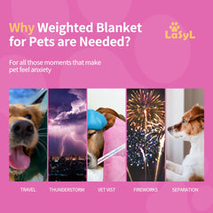 LaSyL weighted blanket for dogs in pink, side view, soothing anxiety on couch.