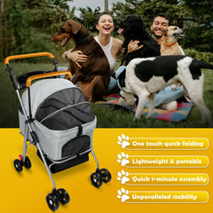 Laushery pet stroller folding mechanism demonstrates easy one-hand collapse.