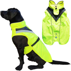 Lautus Pets rain coat front view with hood showing rain protection and bright visibility