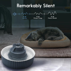 Lawfery ceramic cat water fountain side view shows spill-resistant, durable design
