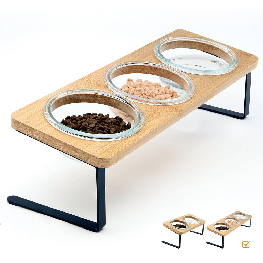 Lawfery elevated cat bowls with 15-degree tilt improve feeding posture.