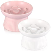 Layhit raised slow feeder cat bowls pink and white viewed from top for easy meals.