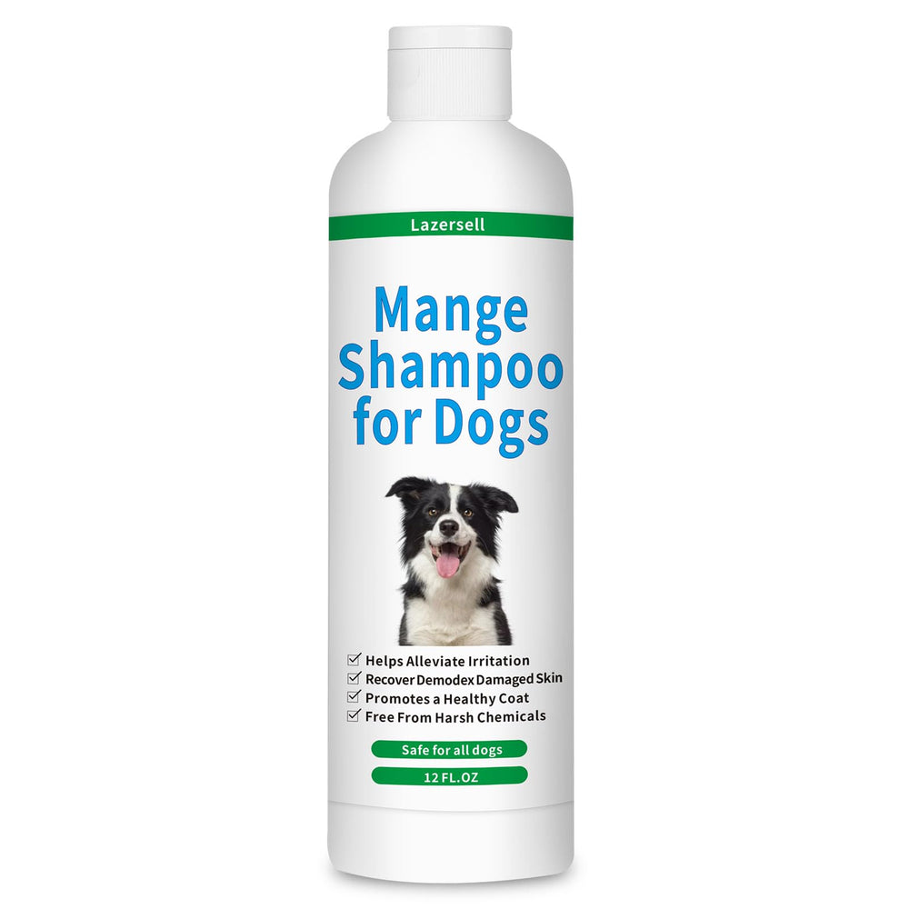 Lazersell Mange Shampoo bottle soothes itchy dog skin.