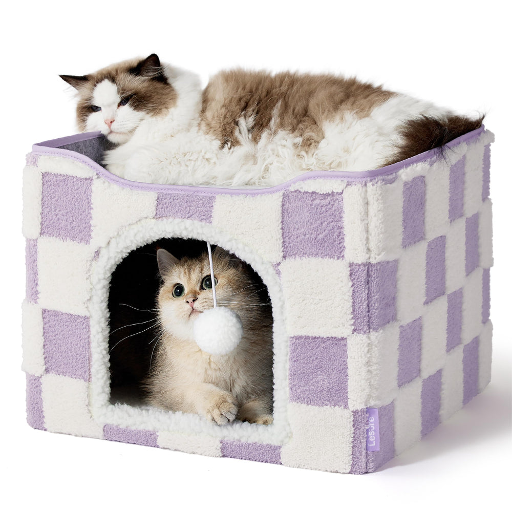 LE SURE cat house front view in lavender checks showing cozy den for naps and lookout