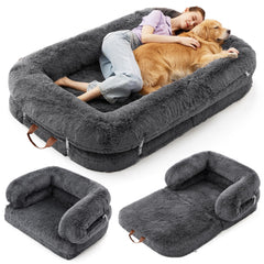 LE SURE foldable human dog bed in charcoal shows 3-in-1 lounging and cuddling versatility
