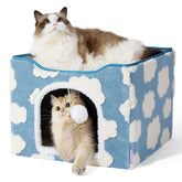LE SURE Indoor Cat Beds Kitten House blue exterior view highlights private den and relaxing window lounge.