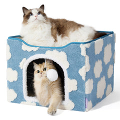 LE SURE Indoor Cat Beds Kitten House blue exterior view highlights private den and relaxing window lounge.