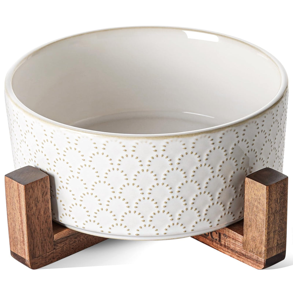 LE TAUCI ceramic dog bowls with fireworks pattern on arctic white ceramic and acacia stand for stylish mealtime