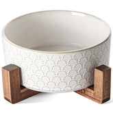 LE TAUCI ceramic dog bowls with fireworks pattern on arctic white ceramic and acacia stand for stylish mealtime