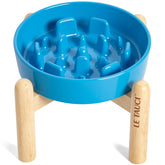 LE TAUCI ceramic slow-feed bowl blue front view highlights stable elevation for small breeds
