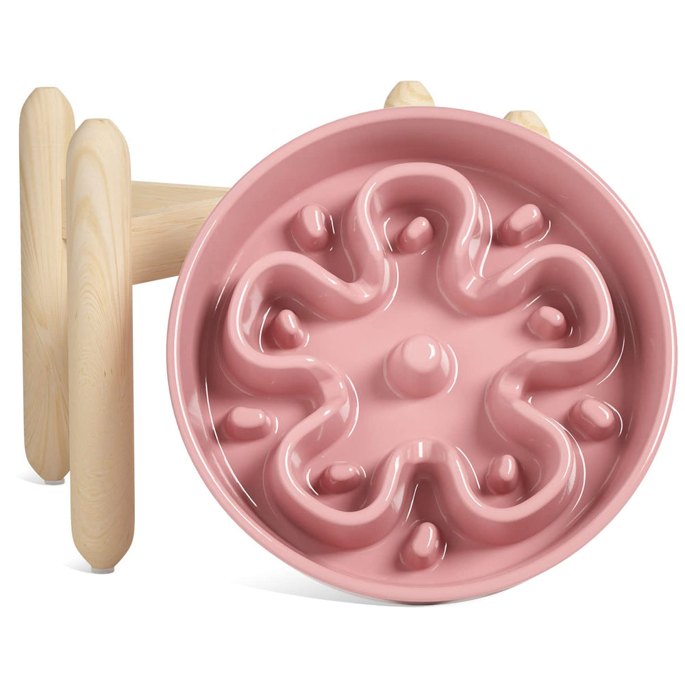 LE TAUCI ceramic slow feeder bowl with wooden stand, pink bloom design, slower eating