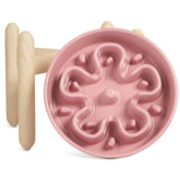 LE TAUCI ceramic slow feeder bowl with wooden stand, pink bloom design, slower eating