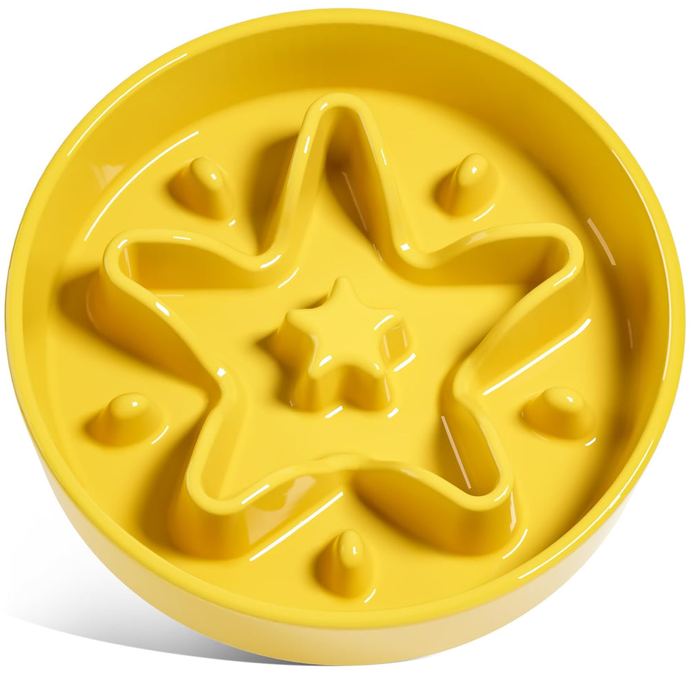 LE TAUCI ceramic slow feeder star yellow front view helps slow eaters in small dogs.