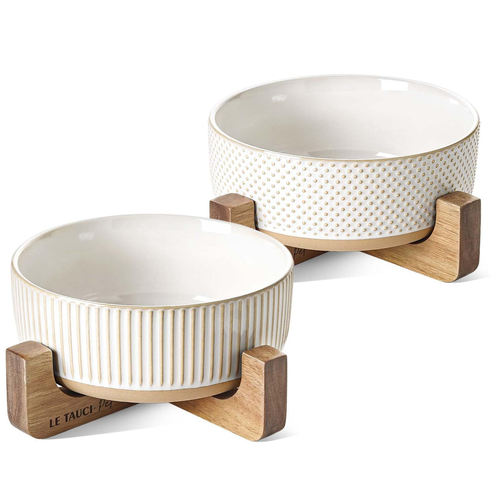 LE TAUCI PET ceramic dog bowls with wood stand side view showing lines and dot pattern for stability