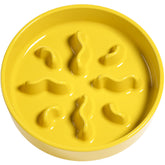 LE TAUCI PET ceramic slow feeder bowl yellow closeup shows ridges to promote slow eating