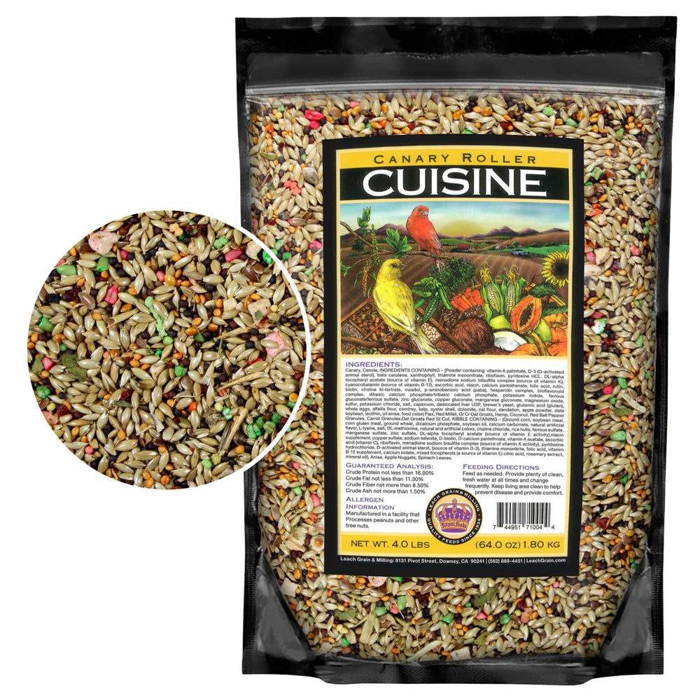 LEACH GRAIN AND MILLING CO Canary Cuisine bag front shows premium bird seed for balanced energy.