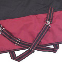 LEAFOREST turnout blanket side view in black red demonstrates secure, comfortable fit