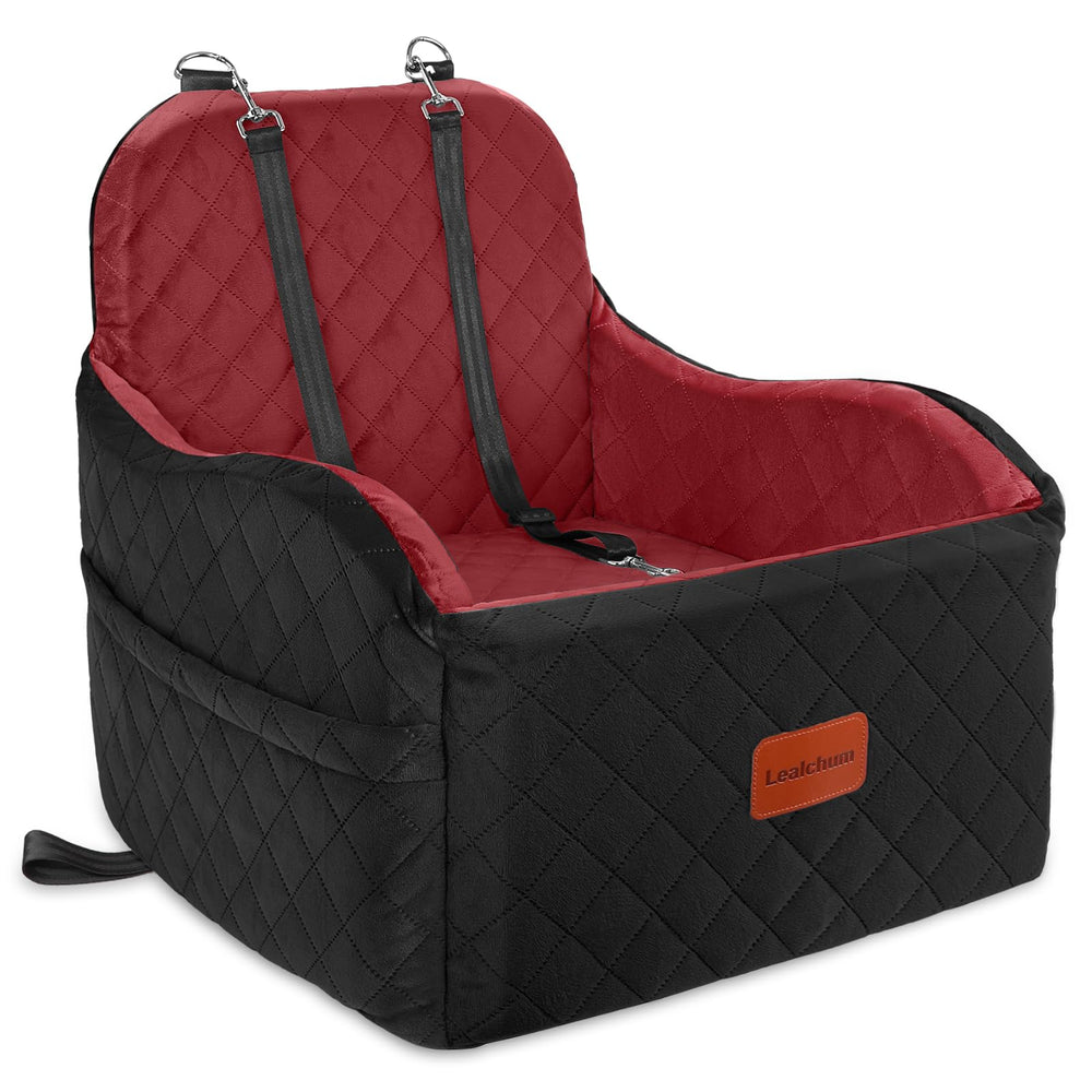 Lealchum dog booster car seat black red with elevated cushion for safer, comfortable car trips.
