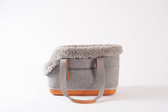 LeftPine x P.L.A.Y. Deluxe carrier gray front view; compact travel tote for small dogs.