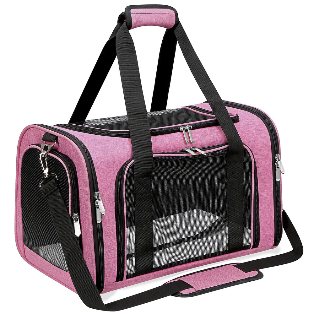 LEHNI pink soft-sided carrier front view with pet for easy travel access